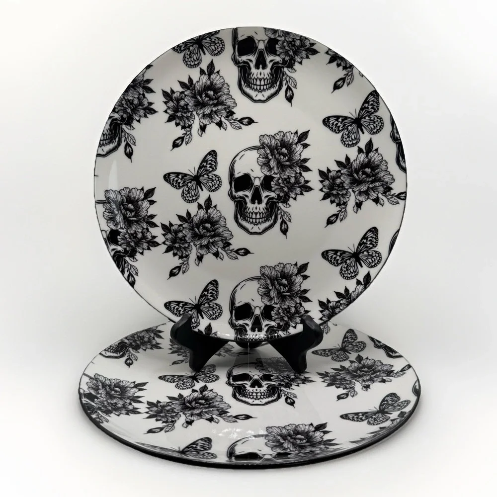 Zrike Brands Skull Flowers Butterfly Black White 10.5